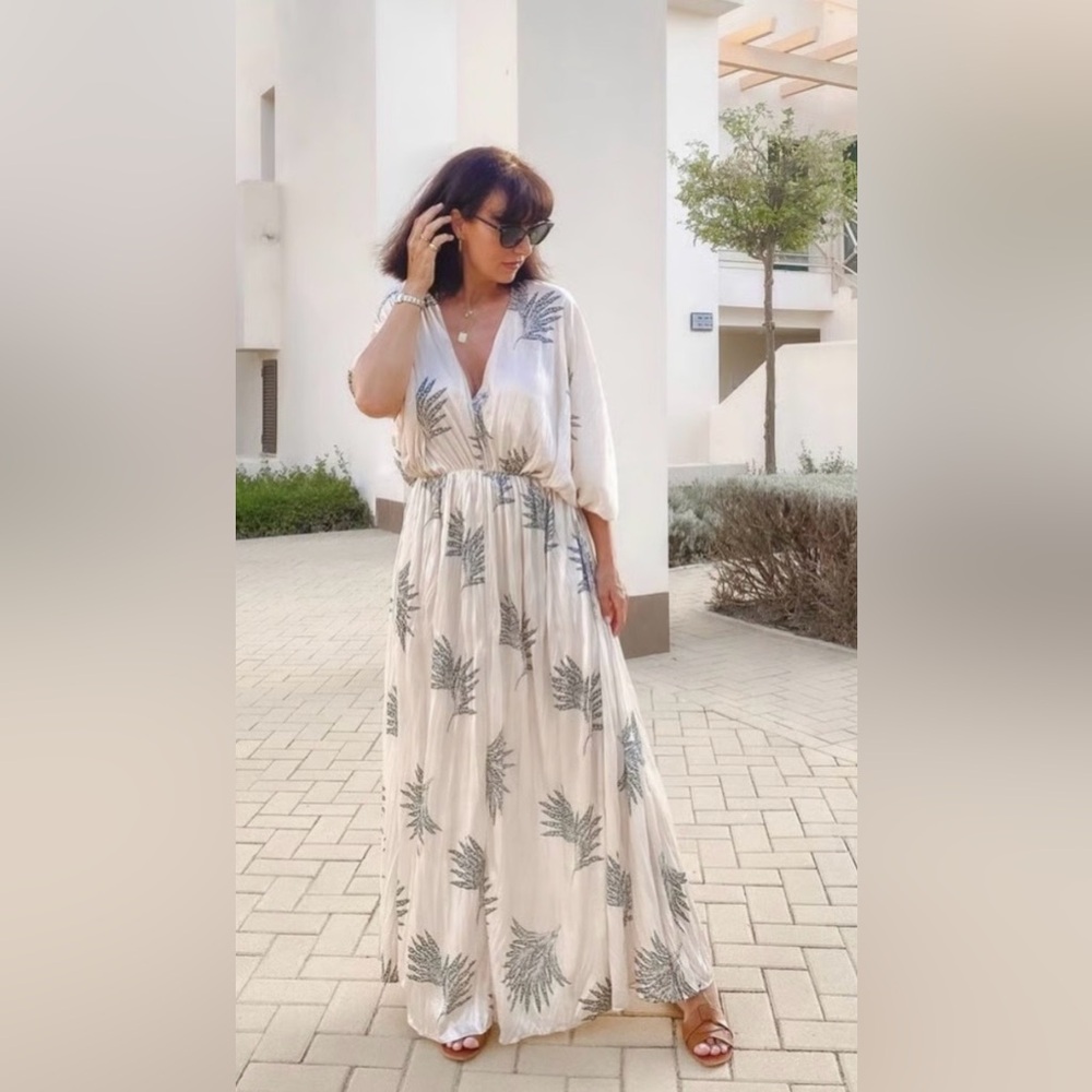 Zara Cream and Black Leaf Print Maxi Dress